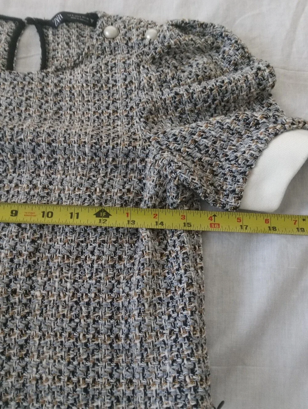 Zara Multicolor Bouclé Puff-Sleeve Top with Pearl Buttons